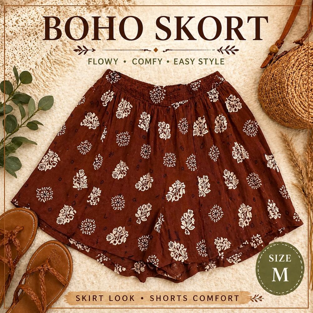 Sag Harbor Brown Floral Skort Boho Flowy Elastic Waist Size M